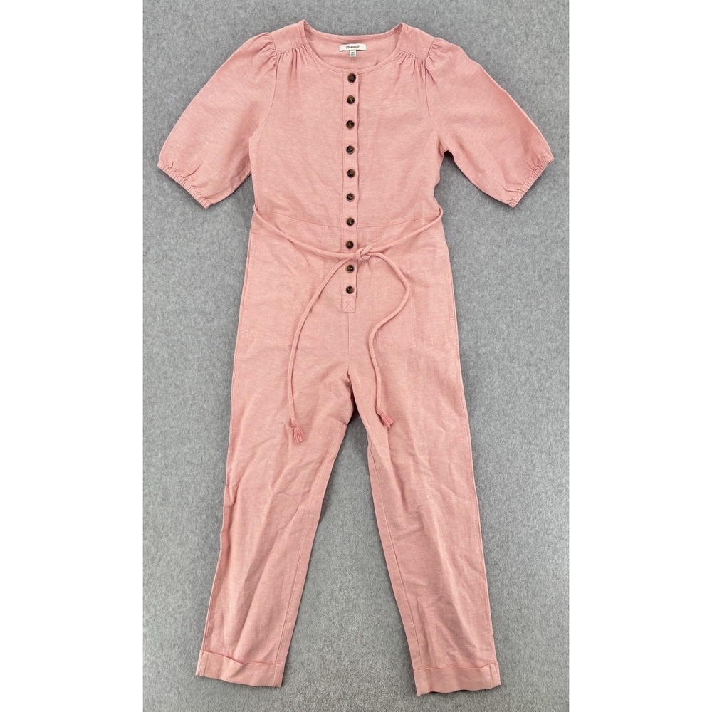 Madewell Pink Linen Blend Button Front Jumpsuit Tie Waist XXS